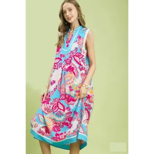Umgee Floral Sleeveless Midi Dress with Side Pockets - Blue - Small thumbnail 2