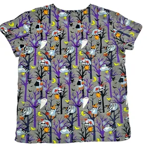 Gabby Brooke Halloween Scrub Top Sloths Owl Ghost Night 2 Pocket LARGE thumbnail 3