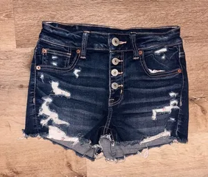 American Eagle Outfitters Distressed Dark Blue High-Rise Denim Shorts thumbnail 1