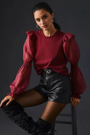 Anthropologie Ruffled Puff sheer Sleeve Blouse deep red romantic Victorian large thumbnail 1