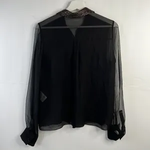 Chloé Size S 4 Blouse Black Semi Sheer Button Up Metallic Copper Sequin‎ Collar thumbnail 7