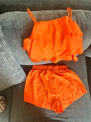 Orange ruffle crop top short set thumbnail 2