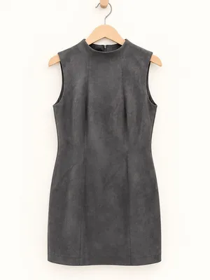J. McLaughlin Charcoal Gray High Neck Sleeveless Faux Suede Sheath Shift Dress thumbnail 4