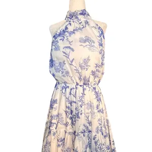 Lulus Float To‎ You White Blue Floral Halter Tiered Midi Dress Small Romantic thumbnail 2