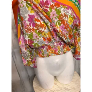 Floral & Ivy Bright Retro Floral Top | Orange Multicolor Balloon Sleeve Blouse – thumbnail 5