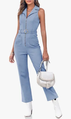 Light Blue Denim Utility Jumpsuit Belted Straight Leg Size M thumbnail 1