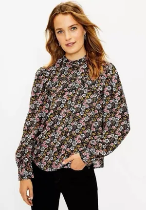 LOFT Cottagecore Floral Blouse Ruffle Bib Keyhole Dark Academia Vintage Style M thumbnail 1