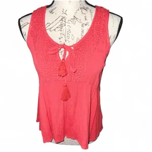 Coral Sleeveless Embroidered Lace Top W Keyhole Details & Tassel Ties thumbnail 2