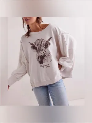 NWOT Free People We The Free Graphic Camden Pullover - highland cow combo - XS thumbnail 3