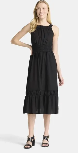 Time and Tru Black Smocked Midi Dress Sleeveless Tiered A Line Pocket Size L thumbnail 1