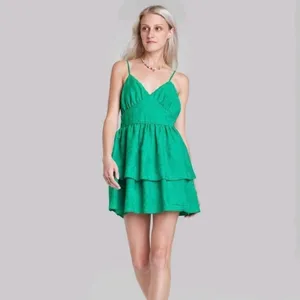 Wild Fable Emerald Green Floral Jacquard Tiered Mini Dress XS NWT Low Back‎ thumbnail 4