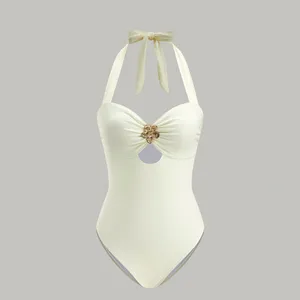 CoMMENSE Bow Tie Halter One-Piece Swimsuit COLOR - Beige, size Medium NWT thumbnail 6