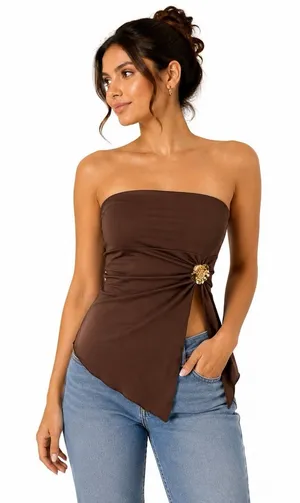 Just Polly Brown Strapless Handkerchief Hem Rosette Y2K Tube Top‎ Medium thumbnail 1
