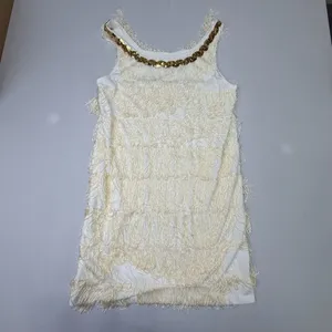 White Sleeveless Flapper-Style Fringe Mini Dress with Gold Sequin Neckline thumbnail 3