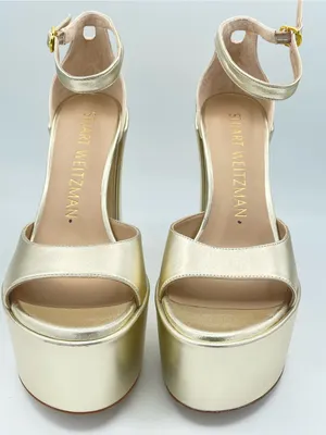 STUART WEITZMAN Skyhigh 145 Gold Metallic Leather Platform Sandals Block Heels thumbnail 7