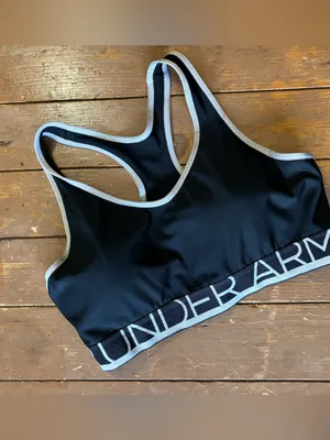 Under Armour Mid-Impact Sports Bra w/Cups Black/White Spellout Band thumbnail 5
