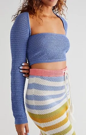 Free People Beach Love Me Long-Sleeve Fauxchet Top Womens M Blue Clean Girl thumbnail 1