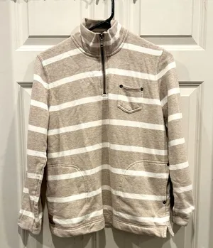 VTG Lauren Ralph Lauren Petite Small Beige‎ Striped Quarter Zip Cotton Pullover thumbnail 1