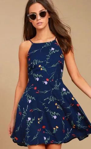 Flower of the Flock Navy Blue Floral Print Skater Dress - M thumbnail 1