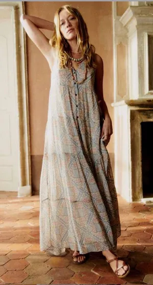 Sezane Raiana Dress Long Sleeveless Embroidered Patchwork Button Maxi 36 thumbnail 1
