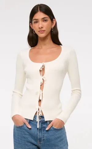 Abercrombie & Fitch Womens Cream Ribbed Tie‎ Front Stretch Cardigan Sweater Sz M thumbnail 1
