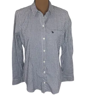 Abercrombie & Fitch micro plaid Oxford moose logo embroidery shirt navy white M thumbnail 1