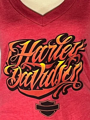 Harley Davidson Black Gold Allen TX Flame Script Women’s V-Neck Shirt Medium thumbnail 2
