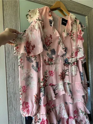 NICHOLAS Pink Floral Long Sleeve Ruffle Cold Shoulder 100% Silk Dress Size 2 XS thumbnail 3