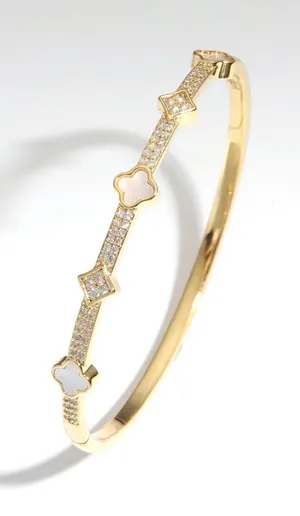 Gold Clover Bangle Pavé Crystal Detail Minimalist thumbnail 1