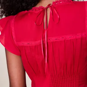 NWT Danielle Guizio Lille Pintuck Cotton Lace Trim Mini Dress Red Love XS thumbnail 4