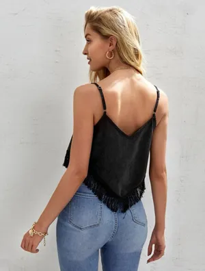 lace insert fringe suede crop Black Size XS thumbnail 2