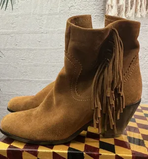 Sam Edelman Suede Fringe Ankle Boots in Cognac Brown thumbnail 1