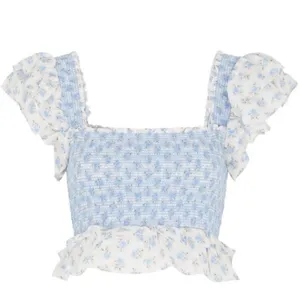NWT LOVESHACKFANCY Wrennly Top in Powder Blue and White thumbnail 2