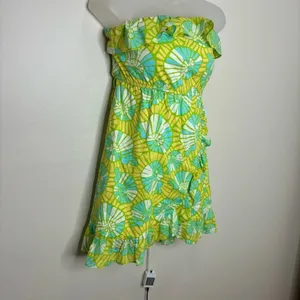 Lilly Pulitzer Strapless Summer Dress Blue Yellow Ruffled Hems size small thumbnail 8