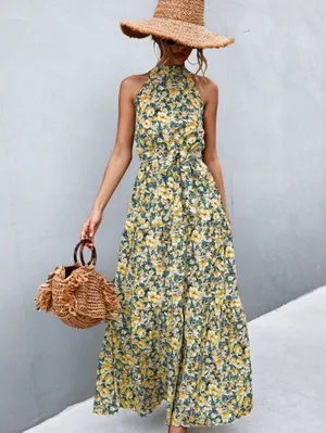Sleeveless Yellow Floral Halter Maxi Dress Size Small Stunning Piece Never Worn thumbnail 2