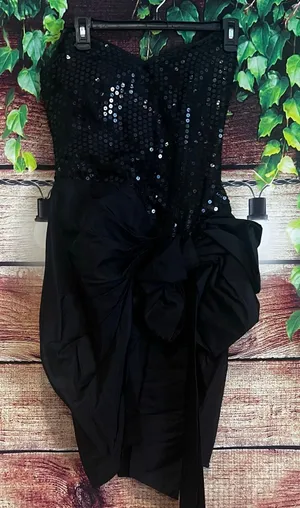 Vintage Tadashi Strapless Mini Dress Size 8 Black Sequins Giant Bow Flapper thumbnail 1