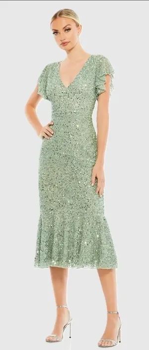NWT $398 Mac Duggal Sequin‎ Midi Dress 2 Sage Green Flutter Sleeve Trumpet 10801 thumbnail 1