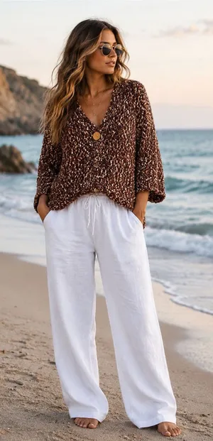 Leo & Nicole Brown Marled V-Neck Chunky Knit Cardigan thumbnail 1