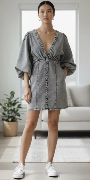 Joslin Studio Ayra Black Grey Denim Puff Sleeve Mini Dress Size 10 thumbnail 1