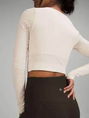 Lululemon ebb to street Women's Long-Sleeve White Ribbed Crop Top thumbnail 4