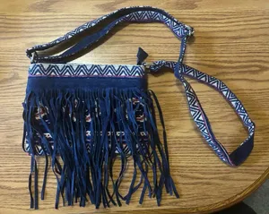 Raj Vegan Leather Navy Fringe Purse Crossbody Boho Western Woven Embroidered Bag thumbnail 1