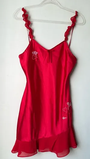 Vintage 00s Y2K Enchanting Red Satin Embroidered Ruffle Slip Dress S thumbnail 1