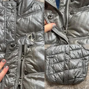 Y2K American Eagle Outfitters shiny metallic silver puffer vest faux fur hood thumbnail 5