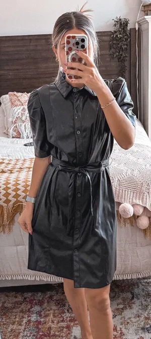 DKNY Black Pleather Button Up Collared Dress thumbnail 1