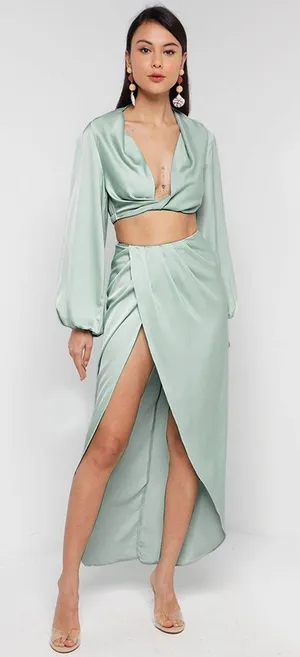 House Of CB TOSCA SAGE SILKY SATIN PLUNGE BLOUSON TOP & CONSTANCE SAGE SILKY SATIN DRAPED SKIRT set in sage thumbnail 6