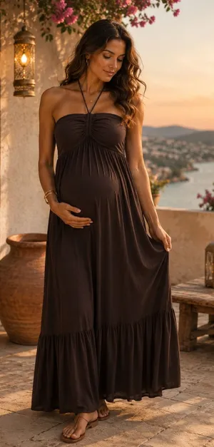 Maternal America Womens Dress Size Large‎ Brown Knit Halter Maxi Maternity NEW thumbnail 1