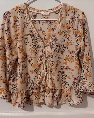 Sienna Sky Beige Floral V-Neck Ruffle Blouse thumbnail 1