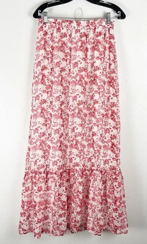LULUS Sweetly Blooming Ivory Floral Lined Tiered Maxi Skirt Medium Boho Casual thumbnail 1