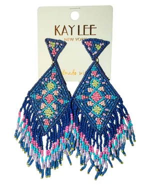 Kay Lee New York Beaded Fringe Statement Earrings‎ Blue Boho Geometric NWT thumbnail 1