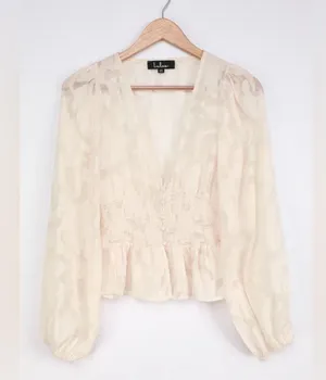 NWT Lulus Patio Date Ivory Floral Jacquard Button-Up Long Sleeve Top Size M thumbnail 5
